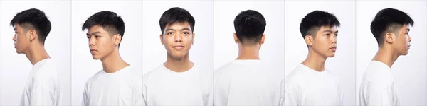 Collage pack group of Asian Teenager man before make up hair style. no retouch, fresh face with nice and smooth skin. rear side back view Studio lighting white background isolated.