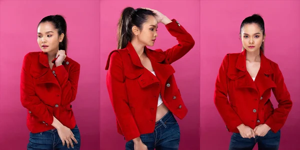 Колаж Група Портрет Азіатської Ділової Жінки Носить Red Formal Blazzer — стокове фото