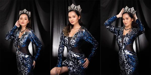 Portrait Miss Pageant Beauty Contest Blue Silver Sequin Evening Gown — Stock Photo, Image