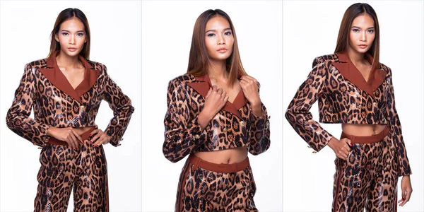 若いアジアの女性タン肌の高ファッションの肖像半分の体は蛇の皮パターンのドレスを身に着けている スタジオ照明白背景分離 コラージュグループパックコンセプト — ストック写真