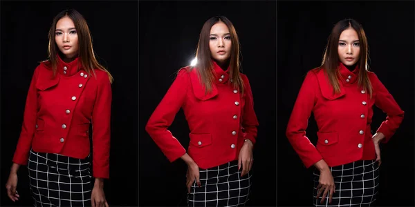 Portrait Asian Business Woman Wear Red Winter Formal Suit Coach — Foto de Stock