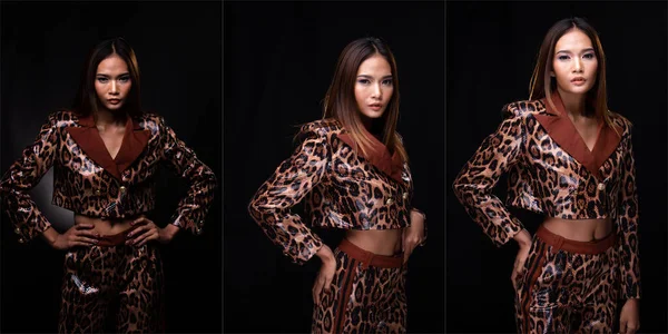 若いアジアの女性タン肌の高ファッションの肖像半分の体は蛇の皮パターンのドレスを身に着けている スタジオ照明黒背景分離 コラージュグループパックコンセプト — ストック写真