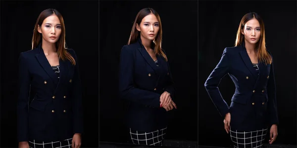 Portrait Asian Business Woman Wear Deep Blue Formal Suit Blazzer — Stock Photo, Image