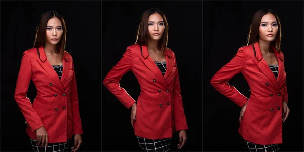 Portret Aziatische Zakenvrouw Dragen Rode Winter Formele Pak Coach Studio — Stockfoto
