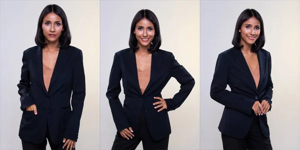 Collage group pack of Full Length Snap Figure Indian Arab Business Woman Stand in Formal proper Suit pants and shoes, studio lighting white background isolated, Lawyer Boss act posing smile smart look