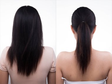 Kuaförden önce Asyalı kadın saç stili uyguluyordu. Rötuş yok, yeni yüz, arka manzara. Estetik terapi tedavisi için beyaz arkaplan ışıklandırması