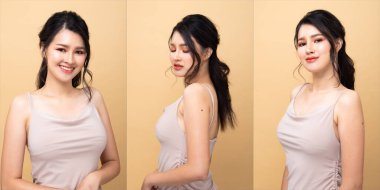 Kolaj Grubu Moda Genç 20 'li yaşlardaki Asyalı Kadın. Güzel siyah saçlı, makyaj gömlekli, çekici ve çekici görünümlü. Stüdyo Işıklandırma Sarı Bej Arkaplan tecrit edilmiş kopya alanı