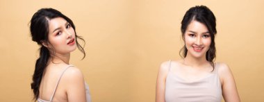 Kolaj Grubu Moda Genç 20 'li yaşlardaki Asyalı Kadın. Güzel siyah saçlı, makyaj gömlekli, çekici ve çekici görünümlü. Stüdyo Işıklandırma Sarı Bej Arkaplan tecrit edilmiş kopya alanı