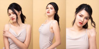 Kolaj Grubu Moda Genç 20 'li yaşlardaki Asyalı Kadın. Güzel siyah saçlı, makyaj gömlekli, çekici ve çekici görünümlü. Stüdyo Işıklandırma Sarı Bej Arkaplan tecrit edilmiş kopya alanı