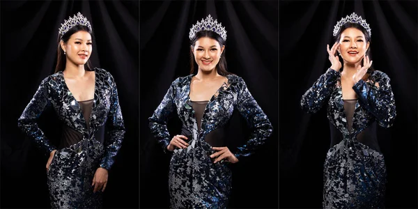 Collage Gruppe Portrait Von Miss Pageant Schönheitswettbewerb Blauen Pailletten Abendkleid — Stockfoto