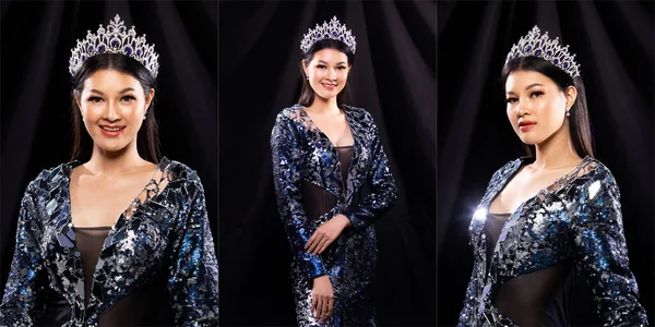 Collage group Portrait of Miss Pageant Beauty Contest in blue sequin Evening Ball Gown with sparkle light Diamond Crown, Asian Woman feels happy smile and poses many difference style over dark drape