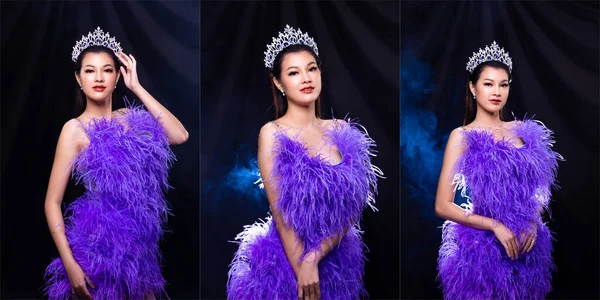 Collage Group Portrait Miss Pageant Beauty Contest Purple Feather Evening — Stok Foto