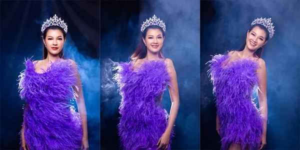 Collage Group Portrait Miss Pageant Beauty Contest Purple Feather Evening — Stock Photo, Image