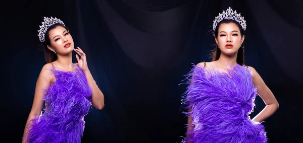 Collage Grupo Retrato Miss Desfile Concurso Belleza Plumas Púrpura Vestido — Foto de Stock