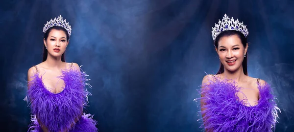 Колаж Група Портрет Miss Pageant Beauty Contest Purple Feather Evening — стокове фото