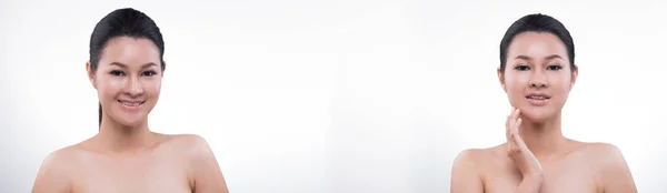Hermosa Asiática Larga Recta Negro Envuelto Cabello Bronceado Mujer Piel — Foto de Stock