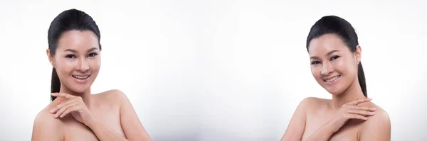 Прекрасна Азіатка Довге Чорне Загорнуте Волосся Засмажена Жінка Тонкому Відкритому — стокове фото