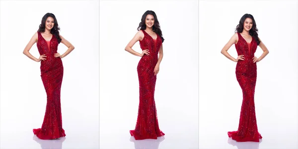 Retrato Miss Asiático Concurso Beleza Pageant Lantejoulas Vermelhas Vestido Baile — Fotografia de Stock