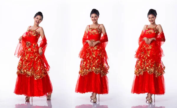 Portrait Miss Asian Pageant Beauty Contest Red Layer Skirt Costume — Stock Photo, Image