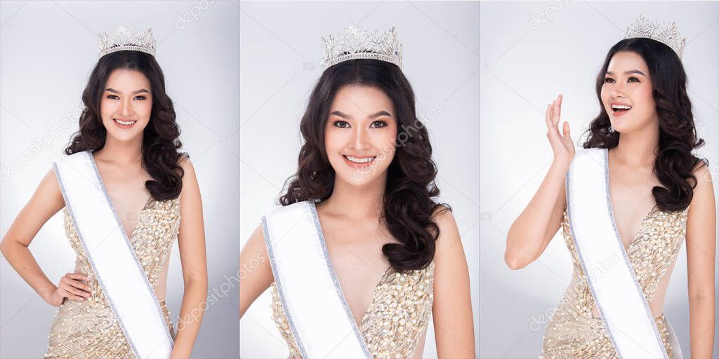 Portrait of Miss Asian Pageant Beauty Contest in sequin Evening Ball Gown long dress with sparkle light Diamond Crown, studio lighting gray background, collage group pack of half body face