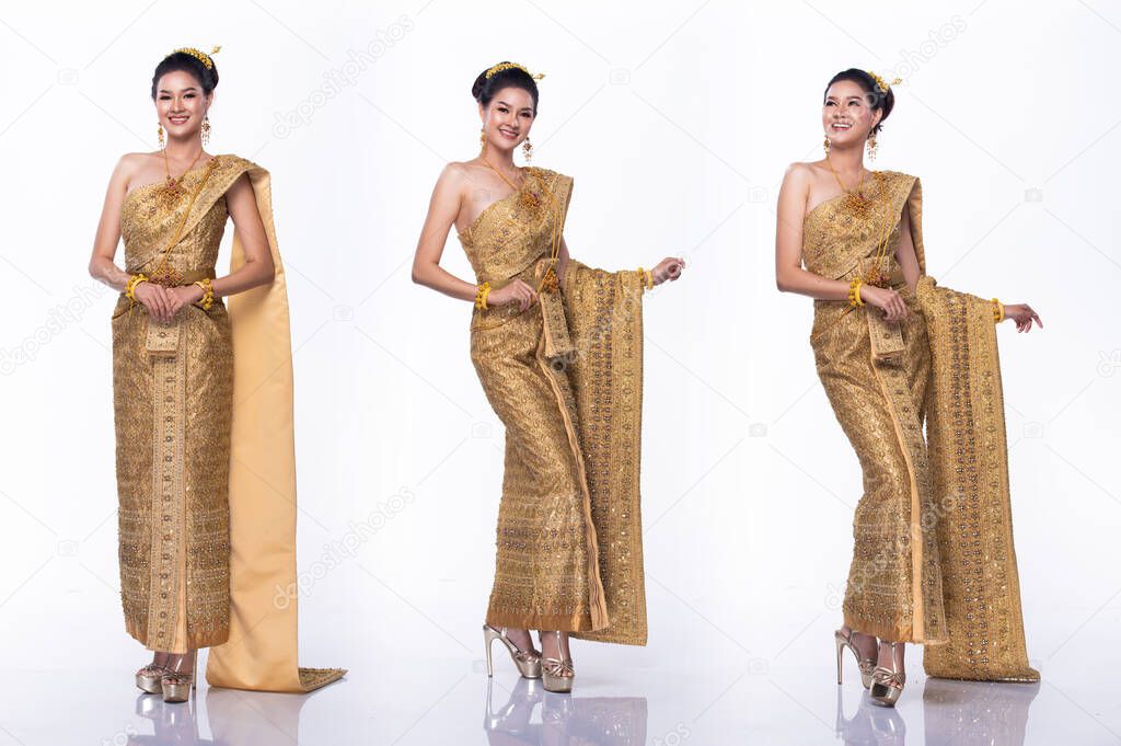 Portrait of Miss Asian Pageant Beauty Contest in Gold Thai Traditional costume dress with light Diamond Crown, studio lighting white background, collage group pack of full length body isolated