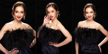 Asyalı kadının gülümseme duygulu kolaj portresi ve birçok yüz açısını göster, makyajlı ve saçı siyah tüylü kız, stüdyo ışıklandırması siyah arka plan