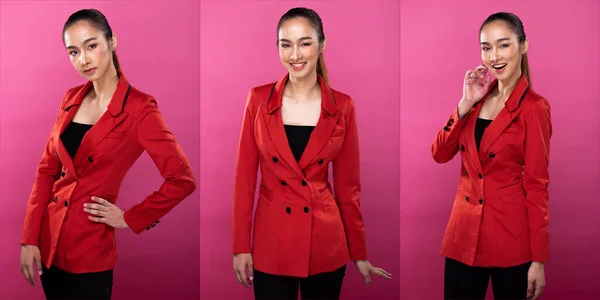 コラージュグループパックアジアのビジネス女性の肖像画は 赤いフォーマルブラザージャケットスーツを身に着けている 自信を持ってスマートな外観を持っている スタジオ照明ピンクの背景が隔離され 弁護士ボス行為は笑顔スマートルックをポーズ — ストック写真