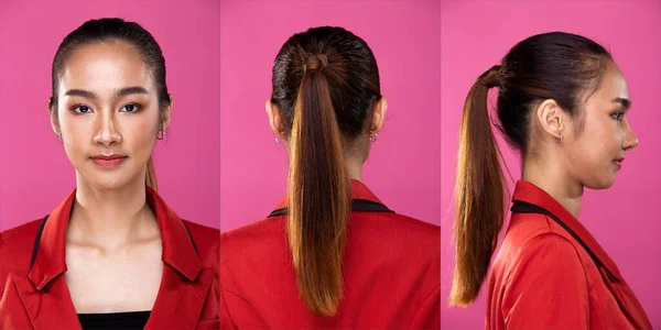 Colagem Pacote Grupo Retrato Asiático Mulher Negócios Desgaste Vermelho Formal — Fotografia de Stock