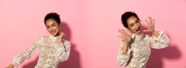 Collage Portrait of Beautiful Asian Woman feels Happy Smile. Girl wears Lace White Cloth dress with many poses. Studio sun light Pink Background with Shadow and sweat look on Face