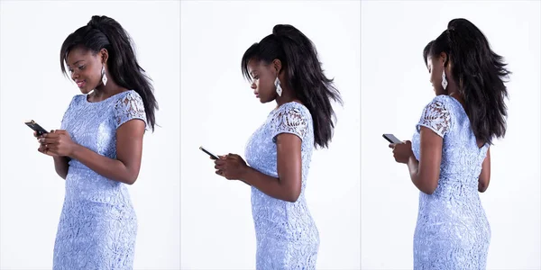 Мода Афроамериканка Черные Волосы Красивое Кружевное Голубое Платье Studio Lighting — стоковое фото