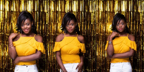 ファッションアフリカ系アメリカ人女性黒髪幸せな笑顔美しい黄色のドレス スタジオ照明黄金の箔パーティー背景 プロファイルのコラージュグループパック多くのポーズの概念 — ストック写真