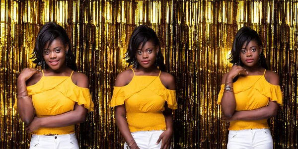 Moda Mujer Afroamericana Pelo Negro Sonrisa Feliz Hermoso Vestido Amarillo —  Fotos de Stock