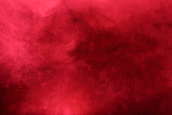 Red Dense Fluffy Puffs of White Smoke and Fog on Black Background, Abstract Smoke Clouds, All Movement Blurred, intention out of focus, and high low exposure contrast, copy space for text logo