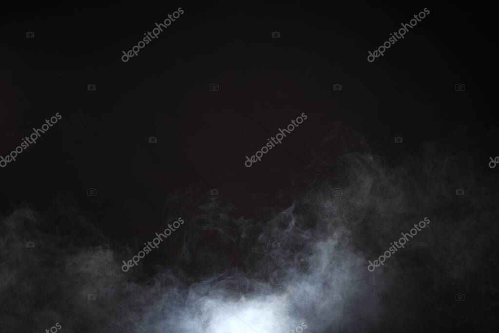 Dense Fluffy Puffs of White Smoke and Fog on Black Background, Abstract Smoke Clouds, All Movement Blurred, intention out of focus, and high low exposure contrast, copy space for text logo