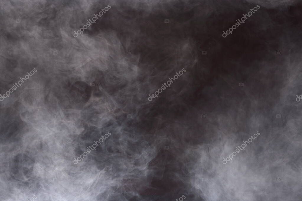 Dense Fluffy Puffs of White Smoke and Fog on Black Background, Abstract Smoke Clouds, All Movement Blurred, intention out of focus, and high low exposure contrast, copy space for text logo