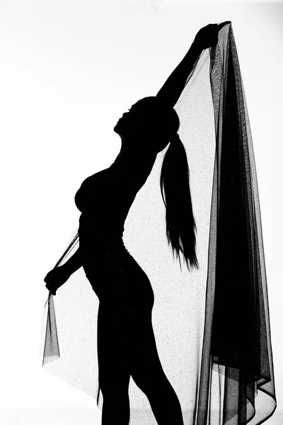 Sylwetka Kobiety Body Taniec Przezroczystej Tkaniny Tkaniny Czarno Białym Monochromatyczne — Zdjęcie stockowe