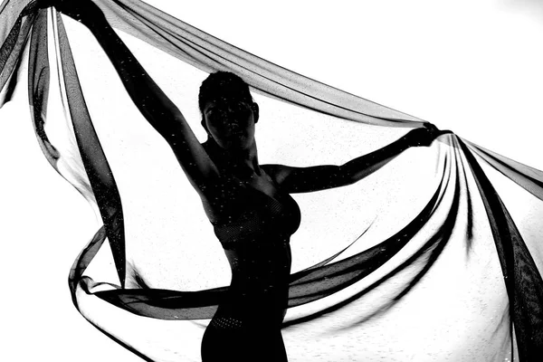 Silhouette Woman Bodysuit Dancing Transparent Fabric Cloth Black White Monochrome — Stock Photo, Image