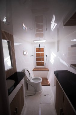 White Toilet restroom inside Yacht cruise with Windows sun ray, wash sink bath with shower in bathroom wc on ocean boat comfortable for all sailors and passenger during travel clipart