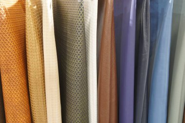 Deri ineklerin renk örnekleri pek çok stil tipinde saklanır, döşeme paleti örnekleri, perakende ve ticaret fuarında dünya çapında farklı yüzey türleri satın almak ve desenleri seçmek için alıcılara gösterir