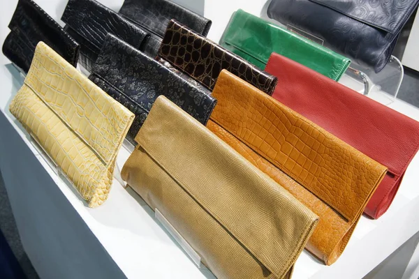Color Swatches of leather cow hide in many style type in Row, Upholstery palette samples, Show in retail and trade fair to buyer around the world to buy difference type of surface and select pattern