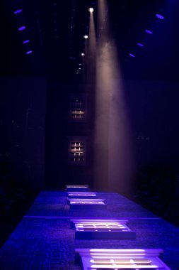 Boş Sahne: Yaratıcı Runway Moda Fuarı 'nda tam ölçekli ışıklandırma, Wall Brig pencere dekoratifi, rampa podyumu üzerinde yaz temasının şimdiki tarzına uygun insanlar yok, uzay resmini kopyalayın