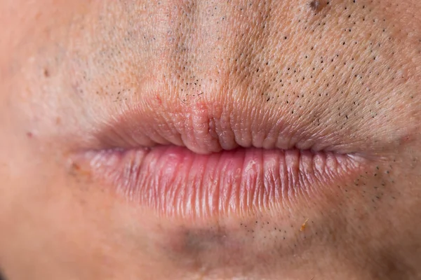 Retrato Macro Perto Lábio Vermelho Homem Boca Fechada Aberta Homem — Fotografia de Stock