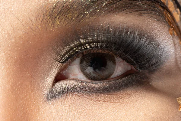 Zbliżenie Makro Portret Kobiety Oko Człowiek Kobieta Otwarte Brązowe Oczy — Zdjęcie stockowe