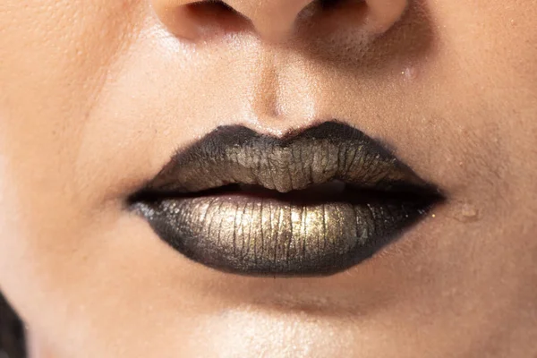 Closeup Macro Portrait Woman Dark Golden Lip Teeth Young Female — Stock Photo, Image