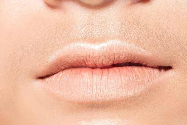 Closeup Macro Portrait Woman Natural Pink Lip Teeth Young Female — Stock Photo, Image