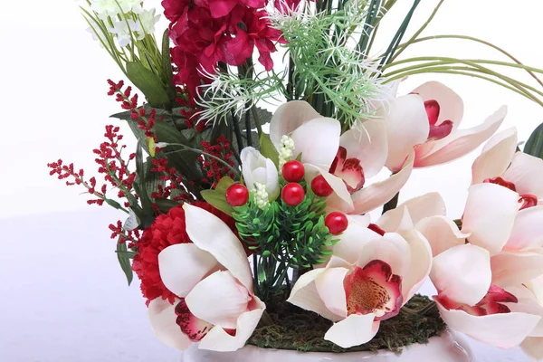 Bouquet Red Pink Many Kind Flower Vase Jar Artificial Studio — Stock Photo, Image