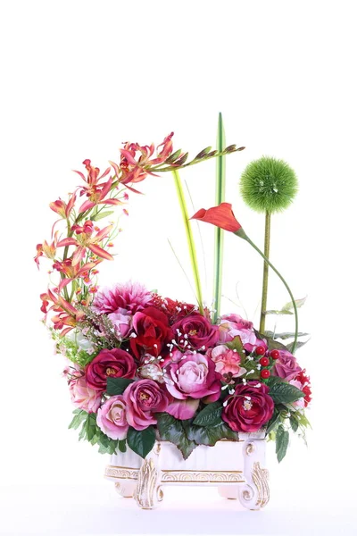 Bouquet Fleurs Rouges Nombreux Types Sur Bocal Colonne Romaine Artificielle — Photo