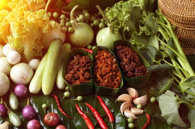 Meşhur Tayland Yemeği Acılı ve Baharatlı sosu yerel malzeme taze bitki, macun sosu ve sebze düzenleme seti, Güneydoğu Asya tarzı sağlıklı yiyecek düşük fiyat Top view