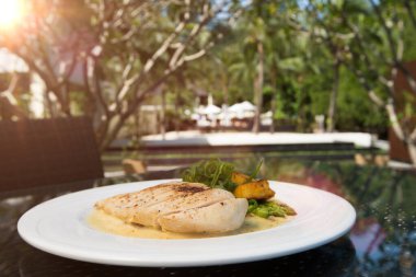 Pişmiş tavuk soslu sos cipsi, füzyon yemeği stili okyanus mangrov ağacı adası boyunca cam masada düzenleme, metin logosu için boş fotokopi alanı leziz