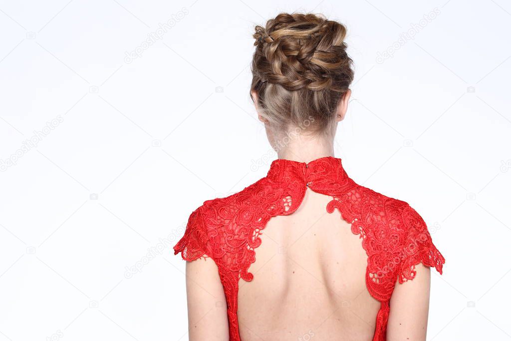 Hair Styling Rear View, blonde color caucasian long straight hair ponytail style, open shoulder beauty shoot, studio lighting white background